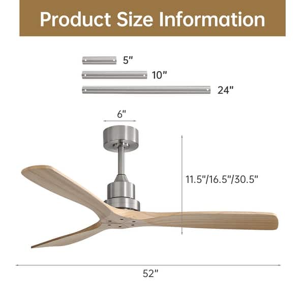 dimension image slide 11 of 13, Sofucor 52''/60" Large Ceiling Fan without Lights, Remote Control and Reversible Motor Included, Smart Optinal