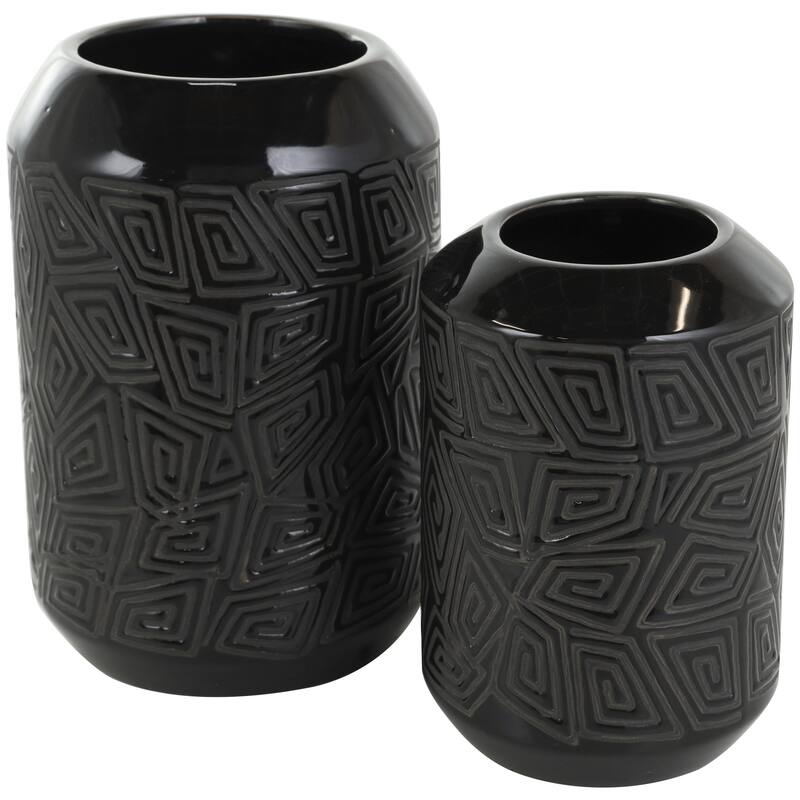 Ceramic Decorative Vase with Geometric Etchings - Set of 2 Black - Roche River Decor