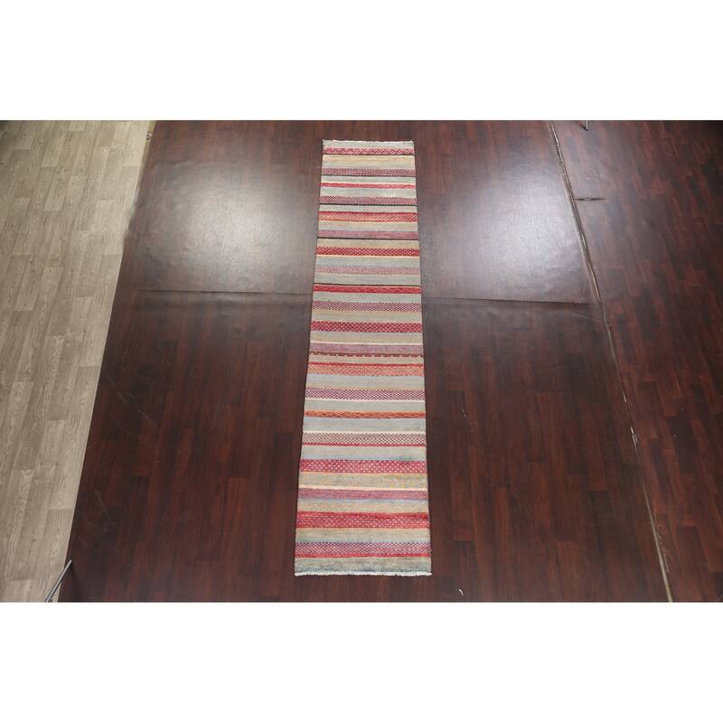 Striped Oriental Gabbeh Kashkoli Runner Rug Hand-knotted Wool Carpet - 2'8" x 11'11"