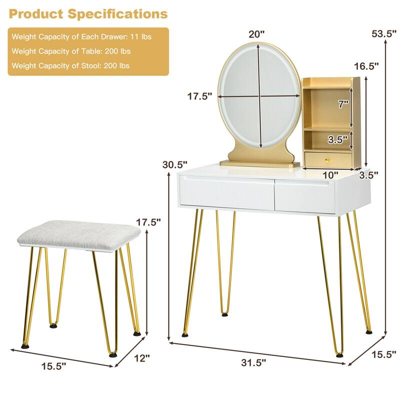 Gymax Vanity Table Set Lighted Mirror Storage Drawer Shelf Cushion