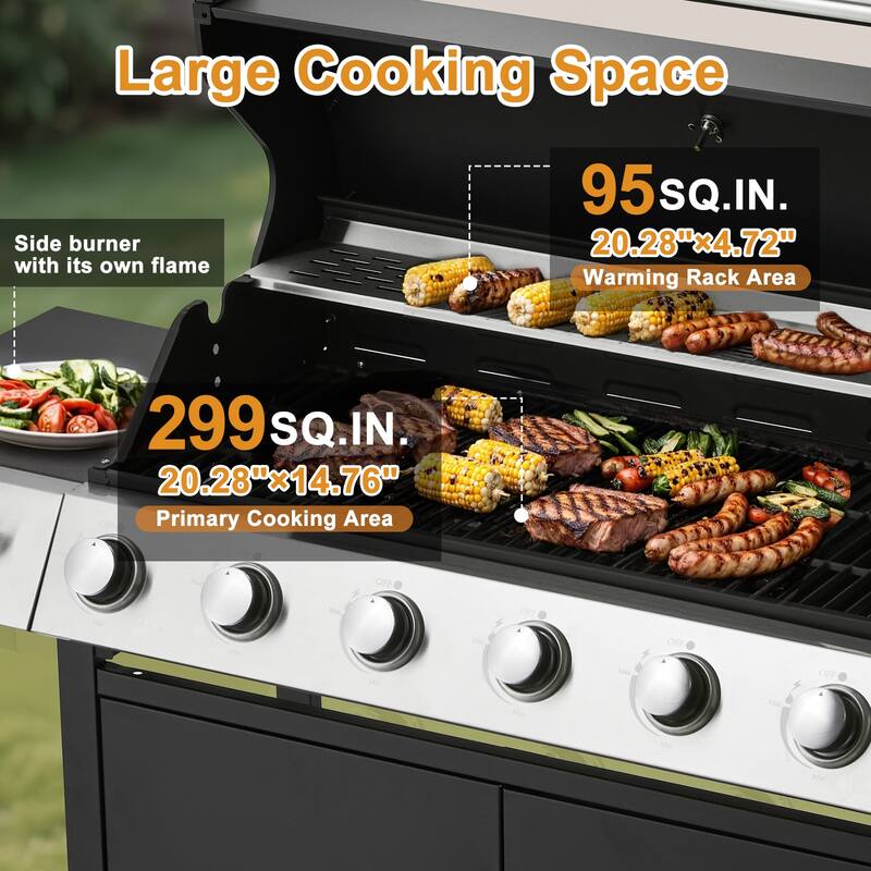 Outdoor Propane Gas Grill with Side Burner, Cast Iron Grates, Storage Cabinet, Easy Clean for Backyard & Patio.