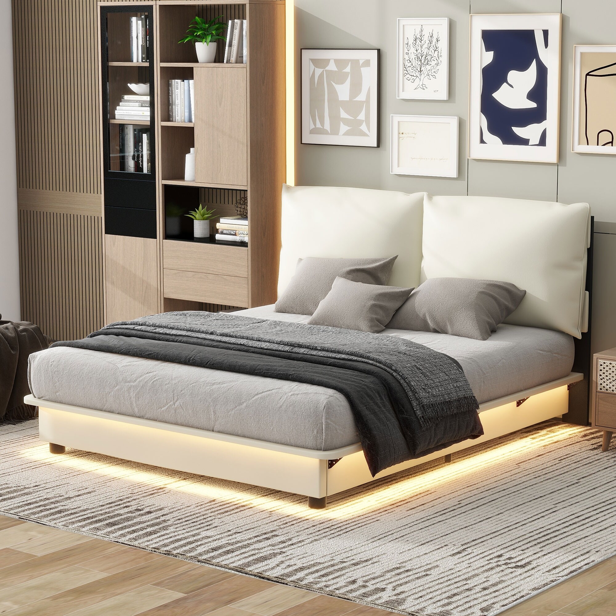 Faux Leather Bed Frame with Sensor Light Thick Cushion Headboard
