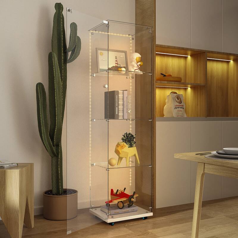 Tempered Glass Display Cabinet,Wine Cabinet, Storage Cabinet,File Cabinet, Bluetooth LED Light Strip,with Door Lock - White