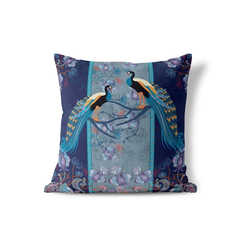 Enchanted Peacock Indoor/Outdoor Throw Pillow Cover in Indigo 16x16