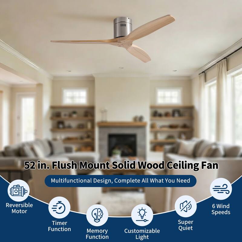 52"Mordern Rustic Elegance Solid Wood Blades Low Profile Flush Mount Ceiling Fan without Light