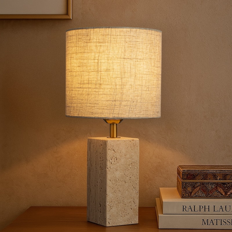 16'' Travertine Stone Bedside Table Lamp Modern Rectangular Nightstand Lamp with Beige Linen Shade for Bedroom, Living Room