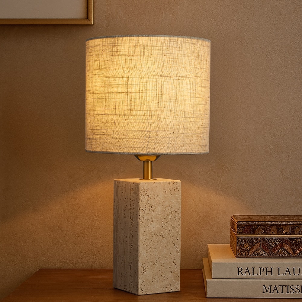 16'' Travertine Stone Bedside Table Lamp Modern Rectangular Nightstand Lamp with Beige Linen Shade for Bedroom, Living Room