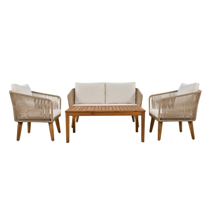 Outdoor 4-Piece Solid Wood Conversation Sofa Set with Coffee Table