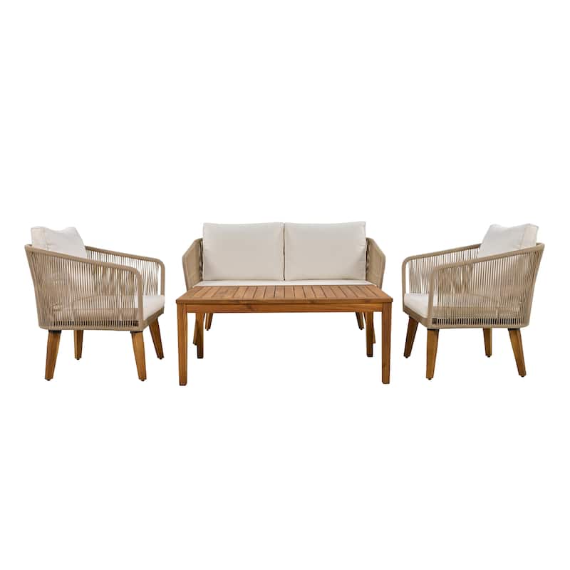 Beige+Natural Outdoor Patio Conversation 4-piece Sofa Set with Solid Wood Coffee Table - Beige+Natural
