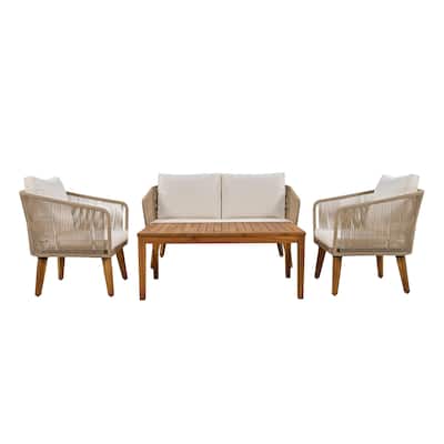 Beige+Natural Outdoor Patio Conversation Sofa Set with Solid Wood Coffee Table