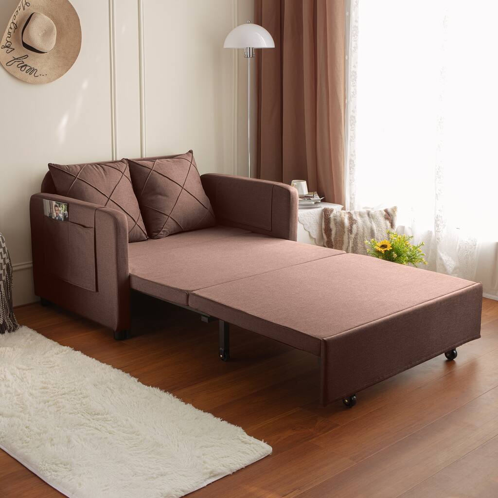 Modern Love Seat Futon Sofa Bed with Headboard,Linen Love seat Couch,Pull Out Sofa Bed With 2 Pillows & 2 Sides Pockets