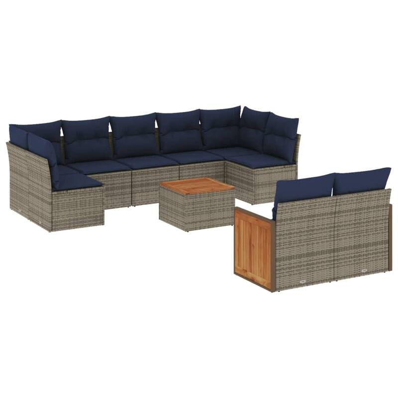 vidaXL 10 Piece Patio Sofa Set with Cushions Gray Poly Rattan - 112.7x27.2x91.0