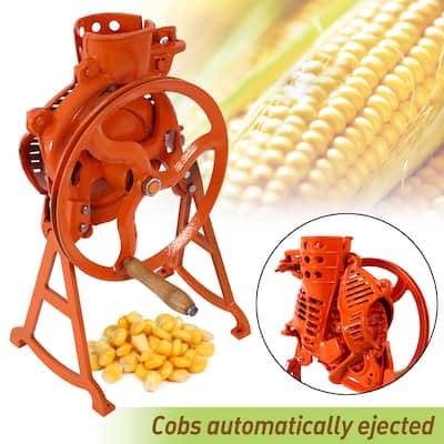 Orange Cast Iron Manual Thresher with Wooden Handle