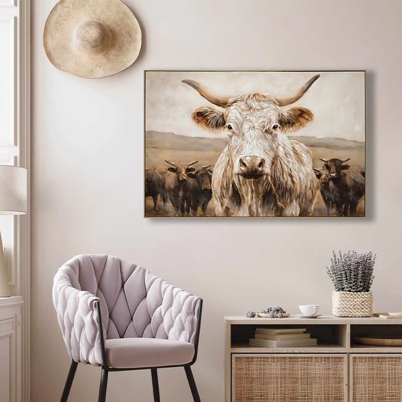 White Highland Cow Canvas Wall Art - Modern Minimalist Animal Art Print,Framed in Solid Wood, Nature Inspired Wall Decor