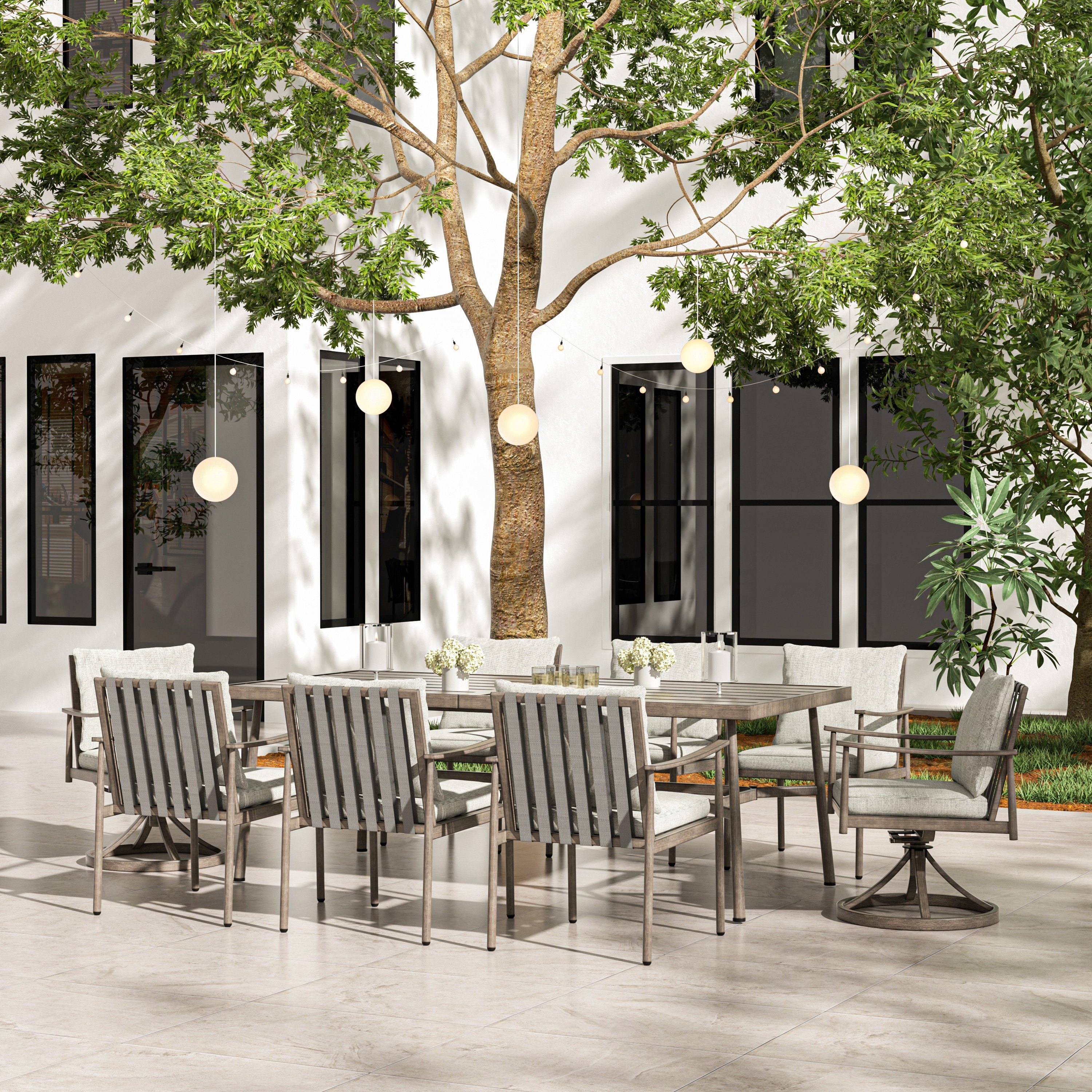 SleekLine 9 Piece Aluminum Patio Dining Set with Webbing Chair Back and Removable Cushions Bed Bath Beyond 40493408