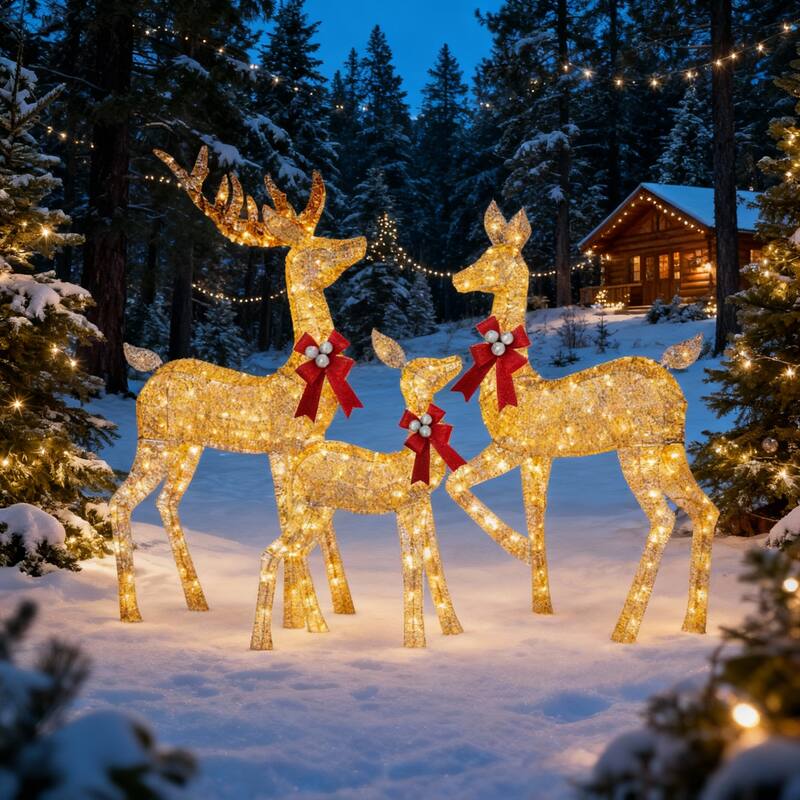 5FT 3-Piece Deer Family Set, 360 LED Lights, Stakes, Zip Ties - Rattan - Multi