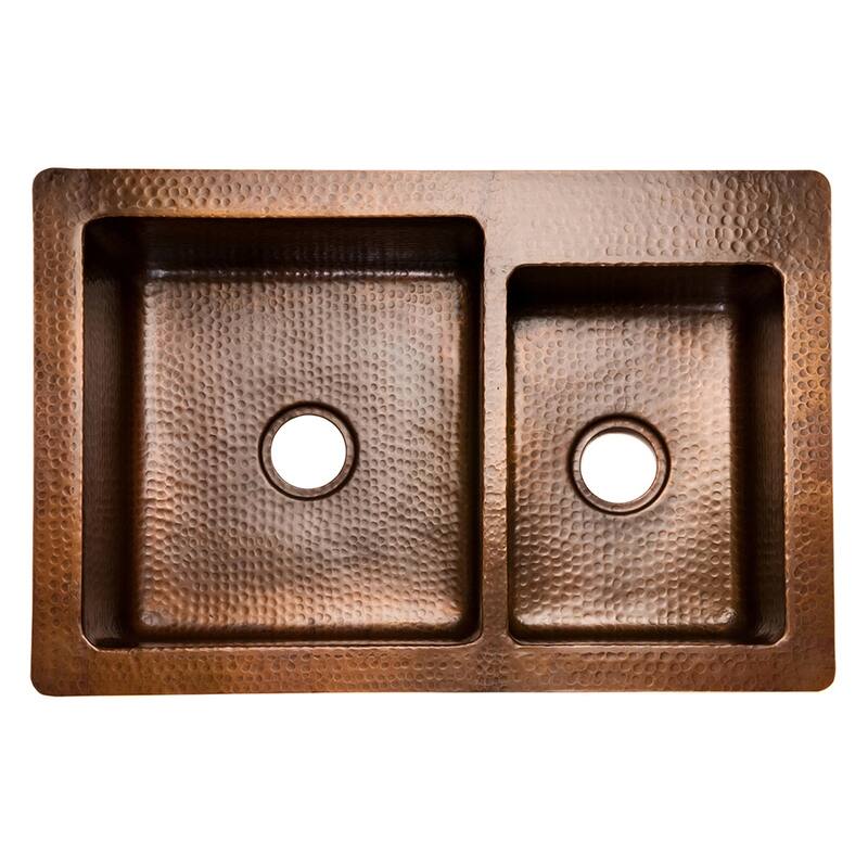 33-in Hammered Copper Kitchen 60/40 Double Basin Sink with Matching Drains, and Accessories (KSP3_K60DB33229)