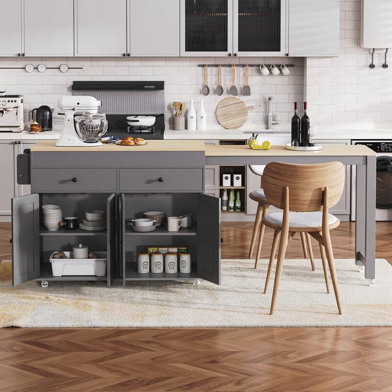 Kitchen Island with Extendable Dining Table , Rolling Kitchen Island on Wheels with Spice Rack and 2 Drawers