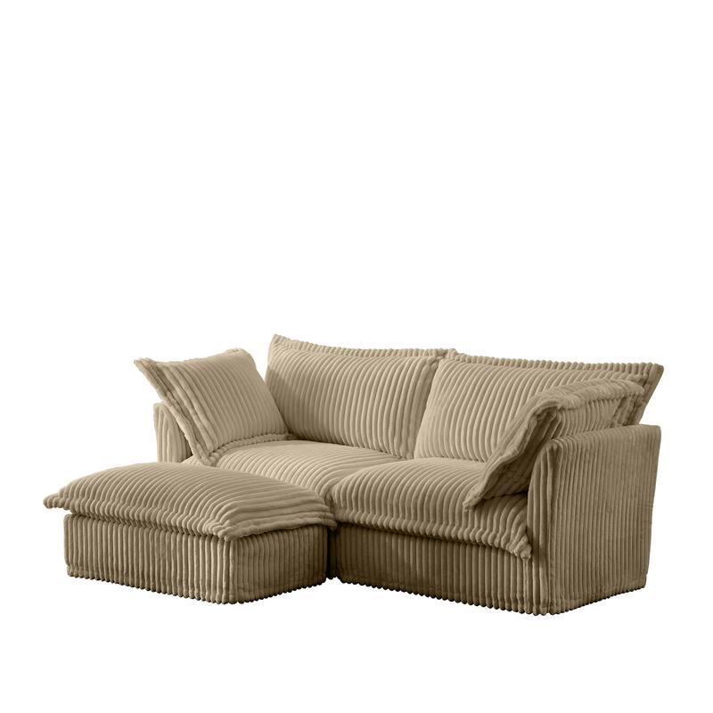 Corduroy Slipcovered 2-Seater Sectional Sofa with Convertible Ottoman, Wide and Deep Seat,and Soft Multiple Big Pillows