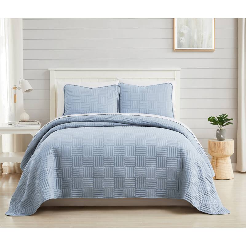 Southshore Fine Linens 3-peice Solid Grid Quilt and Sham Set - Dusty Blue - Twin - Twin XL