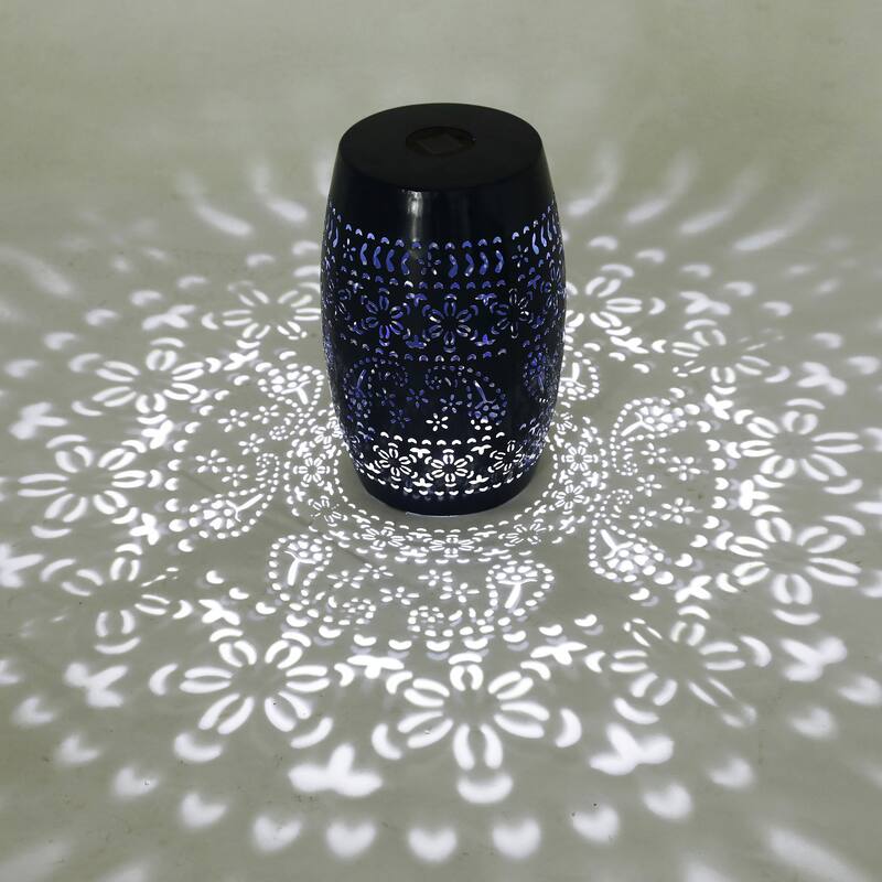 Solar Side Table with Built-in Solar Battery,Stunning Flower Pattern at Night,Eco-Friendly - Dark Blue