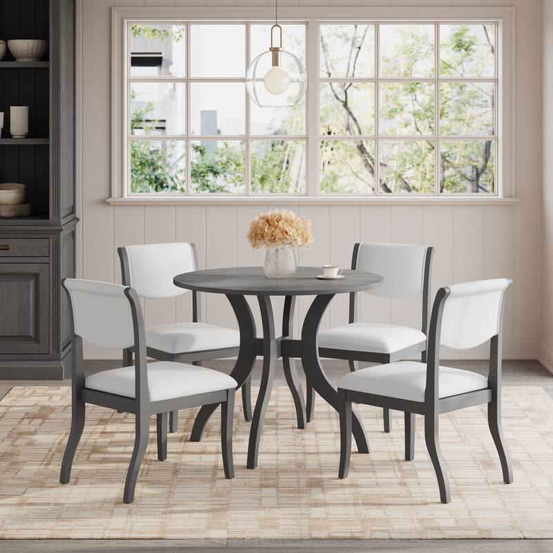 Mid-Century Modern Round Dining Table Set for 2, Wood Kitchen Table & 2 Chairs Set, Compact 3-Piece Dining Set for Small Spaces - Grey+White