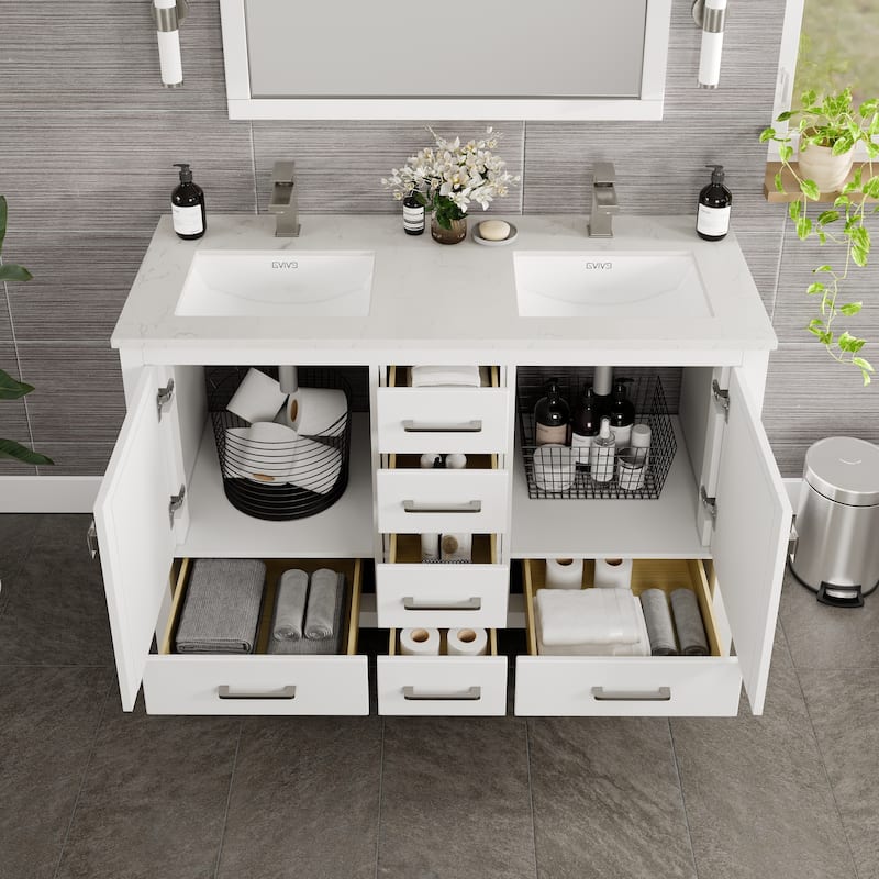 Eviva London 48 x 18 inch White Transitional Double Sink Vanity with White Carrara Marble and Undermount Porcelain Sinks - 48"