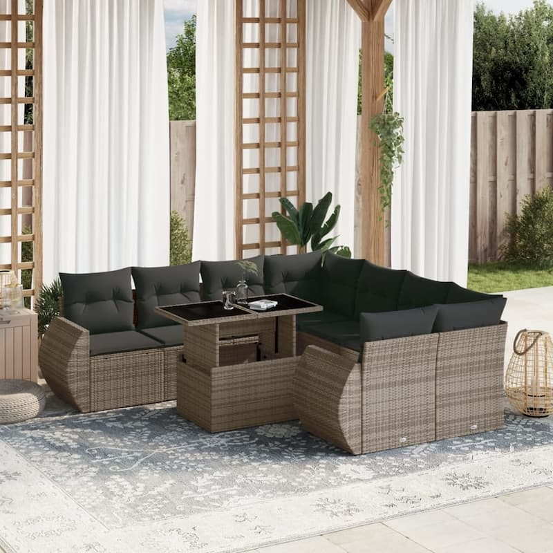vidaXL Patio Sofa Set with Cushions Outdoor Furniture 9 Piece Poly Rattan - 24.4 x 24.4 x 27.2 - Grey-without storage