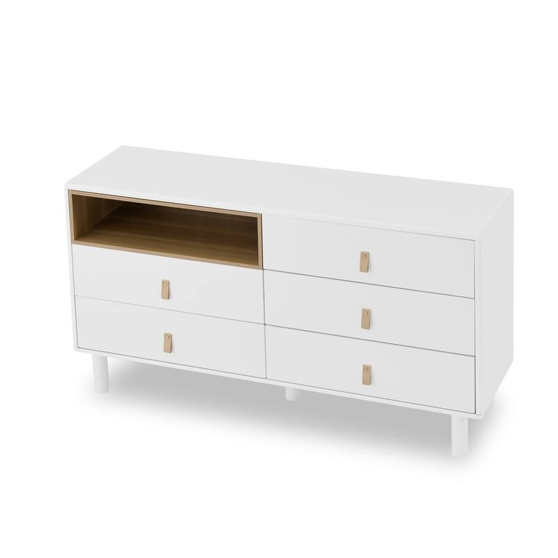 Modern 5 Drawer 55.12 in. Dresser Wood Storage Cabinet with Leather Handle, Open Shelf Drawer Cabinet