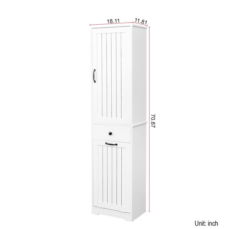 Roomfitters Laundry Cabinet with Drawer and Hamper, Tall Bathroom Storage Organizer with Shelves, White