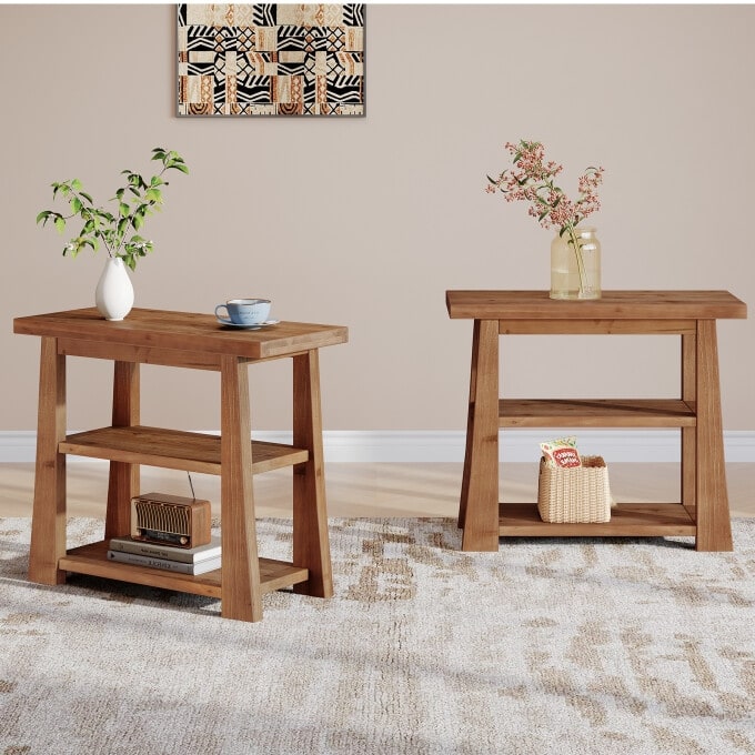 27.55" Solid Wood Side Table, 3-Tier Nightstand with Storage