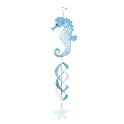 Metal Sea Horse Swirl Wind Spinner Windchime with Starfish Accent - Blue - Roche River Decor