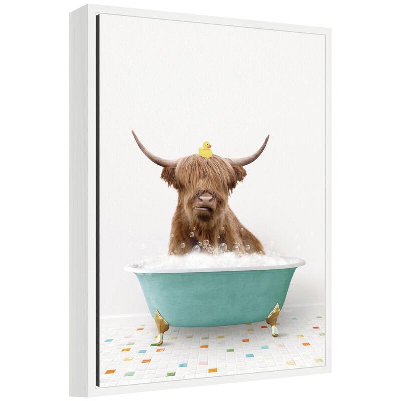 Kate and Laurel Sylvie Highland Cow in Teal Bathtub on Colored Tile Framed Canvas by Amy Peterson - White
