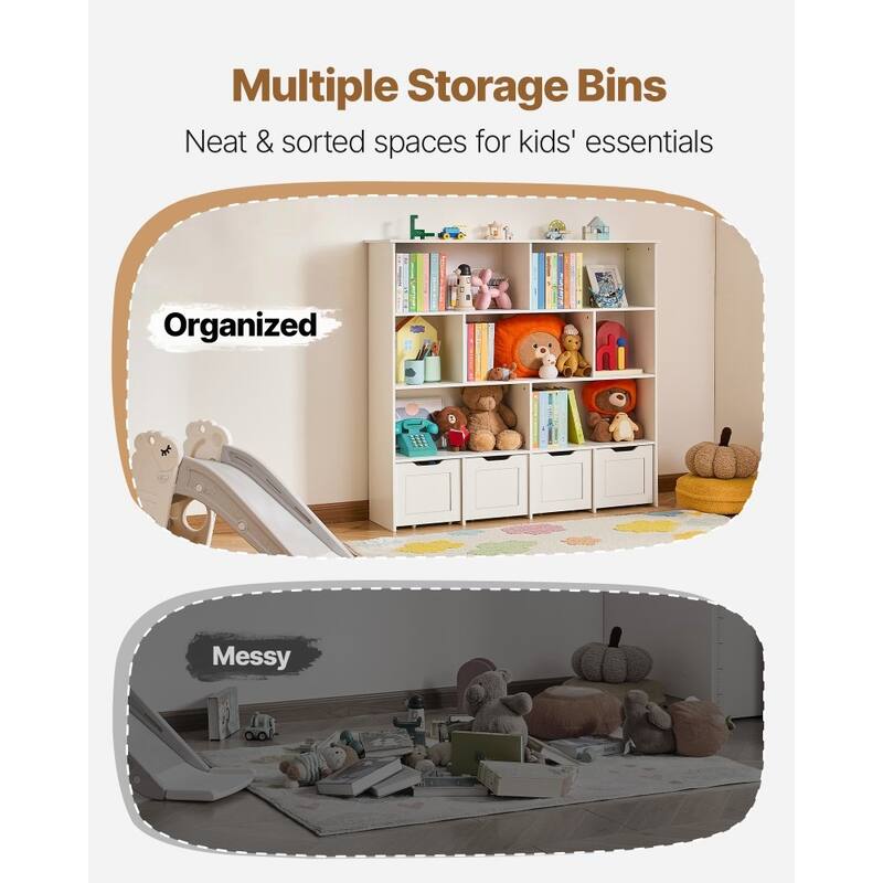 Brown Wooden Toy Storage Organizer with 11 Compartments and 4 Drawers - 49.41 x 12.99 x 46.46 in