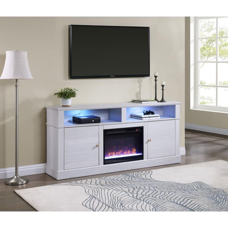 Lucifer 70" Wide White Walnut Finish TV Stand Console with Fireplace and Heater
