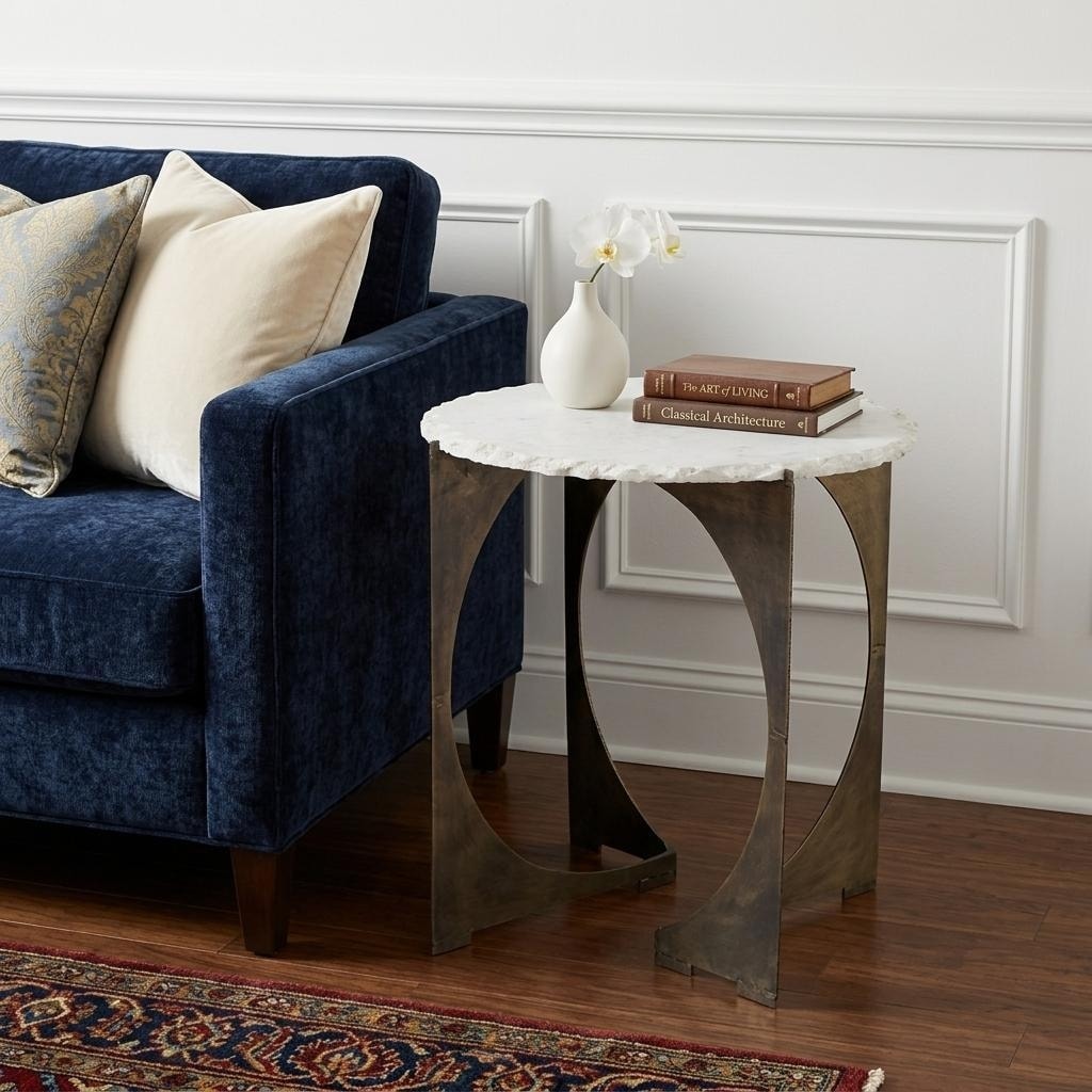 HomeRoots 21" Brown And White Marble Round End Table - 20.00 in. x 21.00 in. x 20.00 in.