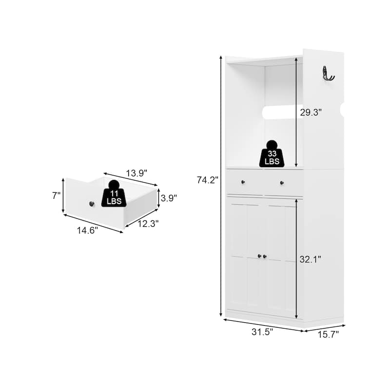 74" Garage Storage Cabinet with EV Charger Stand, Freestanding Charging Station Organizer with Hooks, 2 Drawers & 2 Doors
