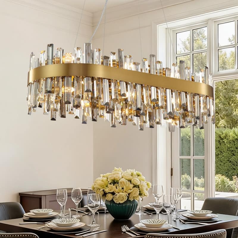 35.4'' Modern Crystal Chandelier 16-Light Rectangle Gold Brass Chandelier Luxury 2-Tier Crystal Pendant Light for Kitchen Island