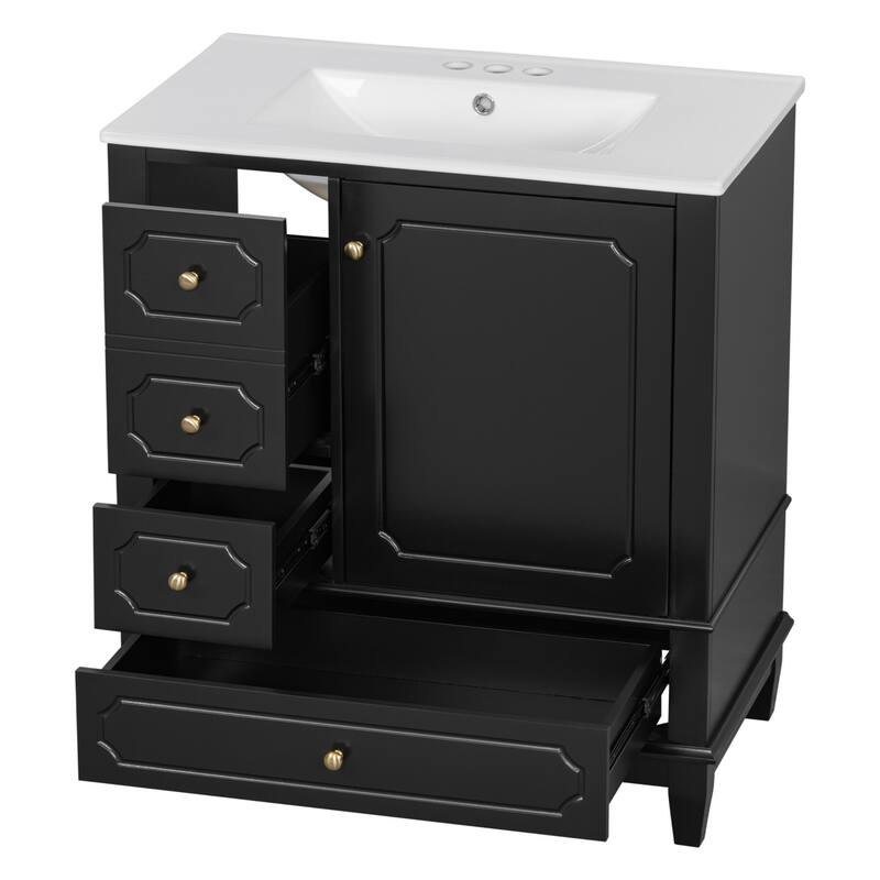 30 " Bathroom Vanity with Sink, Drawers, and Storage Shelves