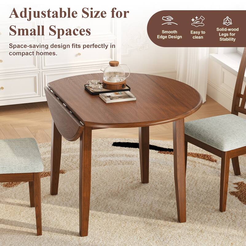 Extendable Round Wood Dining Table with Folding Leaf for Small Spaces