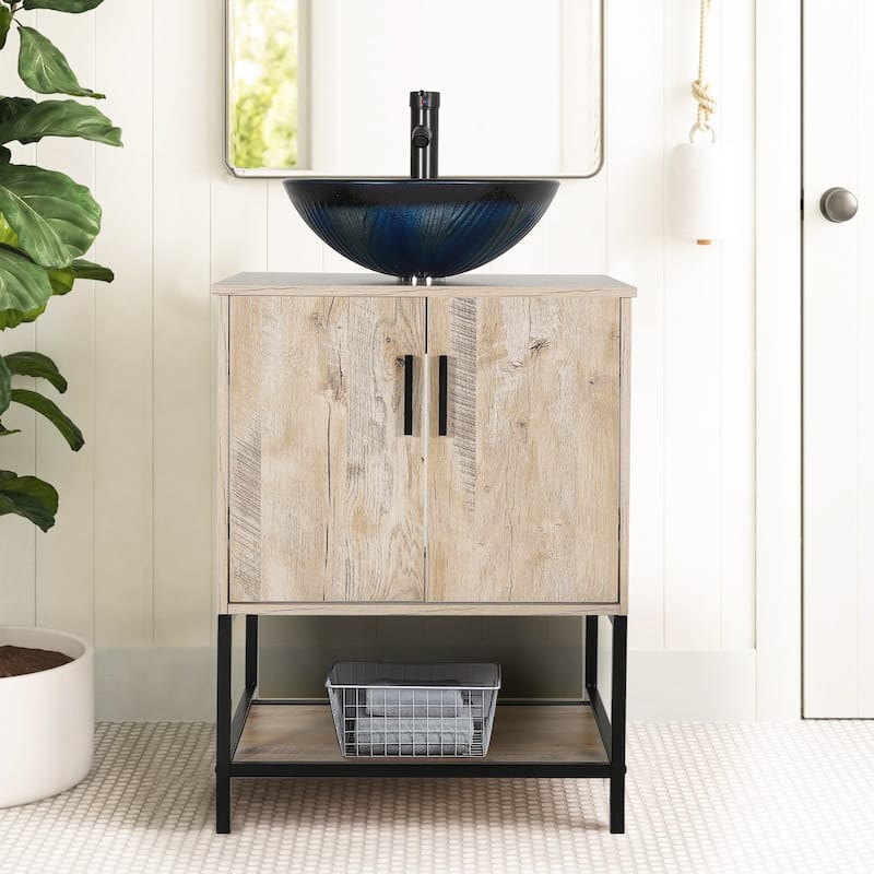 24" Bathroom Vanity Sink Combo Oak Cabinet Vanity Tempered Glass/Ceramic Sink - blue round sink