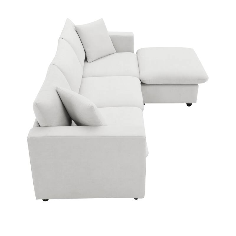 L-shaped Polyester Fabric Couch Set with 2 Free Pillows and Convertible Ottoman