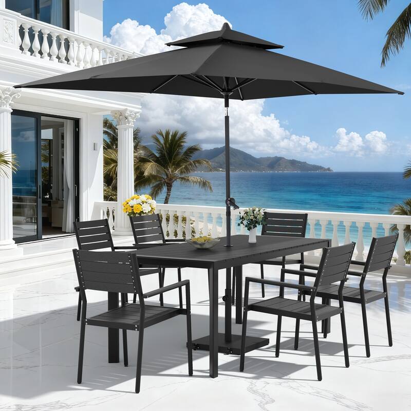 9-PCOutdoor Patio Dining Set Wood Like Aluminum Umbrella Hole Table with Stackable Armchairs, Market Umbrella and Wheel Base - BlackTable&BlackChairs&BlackUmbrella