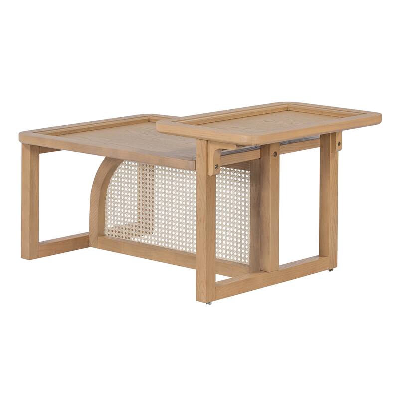 Modern 2 Piece Nesting Rattan Wood+ MDF Coffee Table Set For Living Rooom