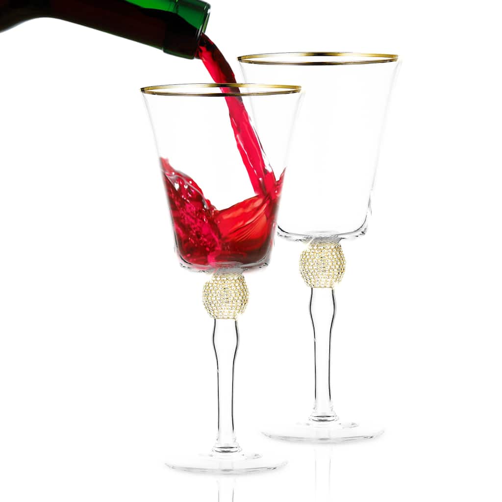 Berkware Luxurious and Elegant Sparkling Studded Long Stem Red Wine Goblet with Gold Rim