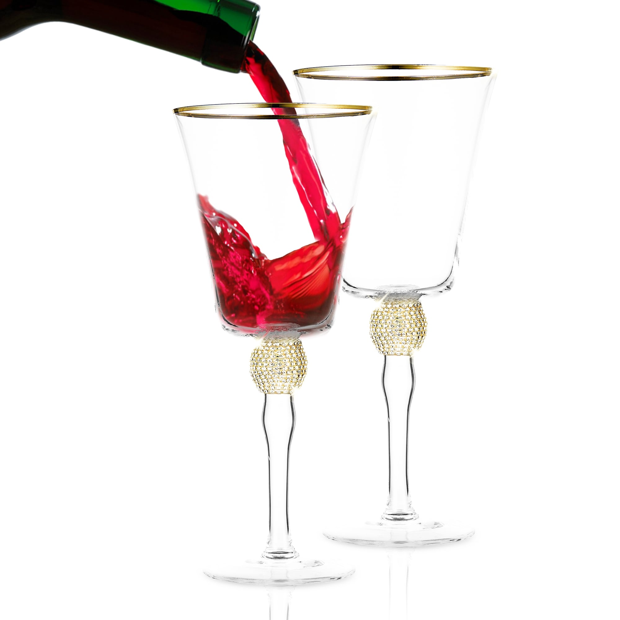 Berkware Luxurious and Elegant Sparkling Studded Long Stem Red Wine Goblet with Gold Rim