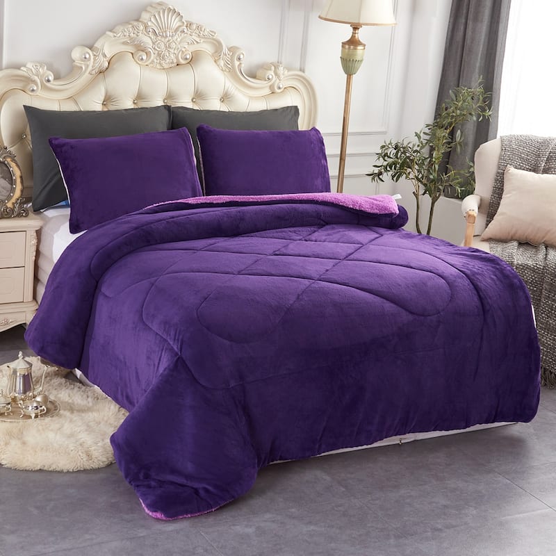 Fleece/ Sherpa Down Alternative 3-piece Comforter Set - Purple - Queen