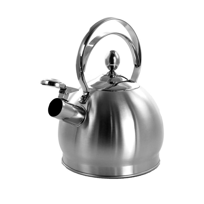 3 Quart Round Brushed Silver Stovetop Whistling Kettle Ergonomic Handle in Silver