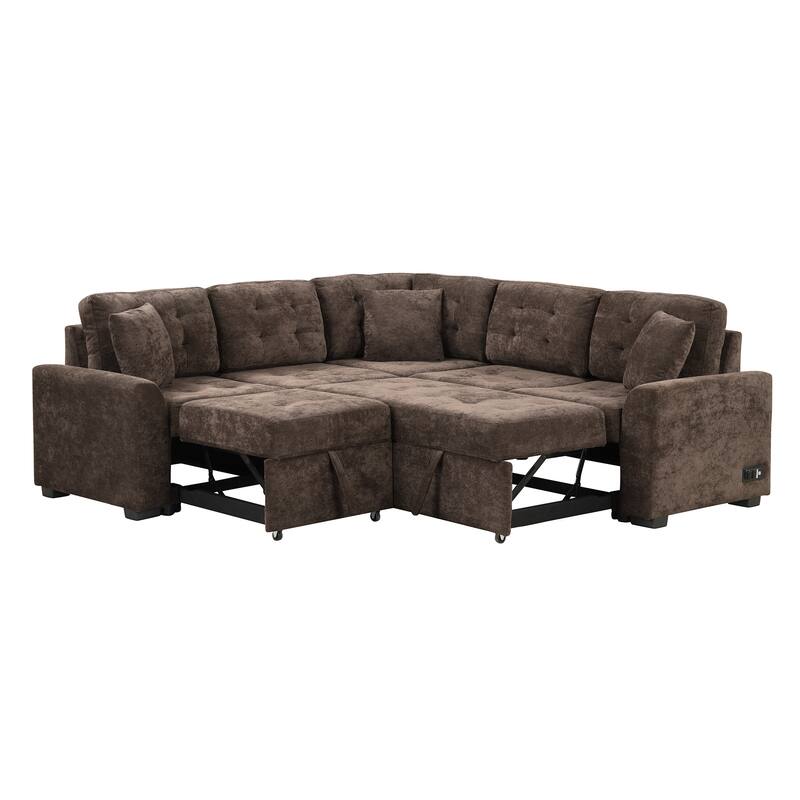 Brown L-Shape Sofa Bed with Pull-Out Sleeper, USB Ports, Power Sockets