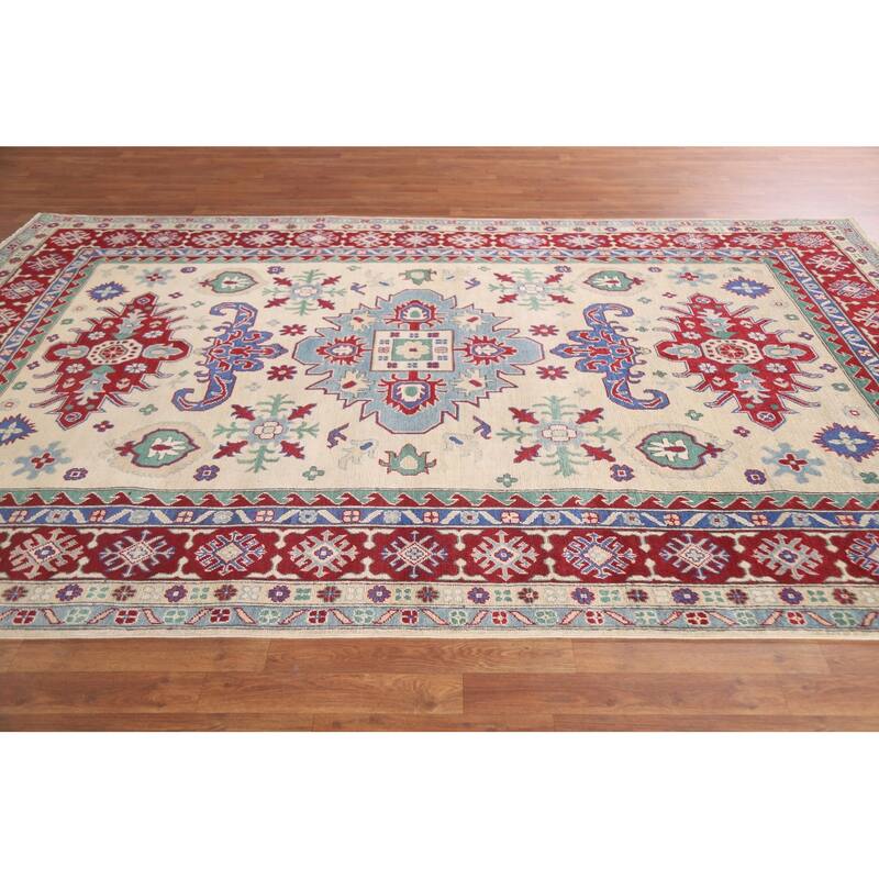 Hand Knotted Oriental 100% Wool Carpet Traditional Geometric Beige & Ivories Kazak Area Rug - 10' 1'' X 6' 7''